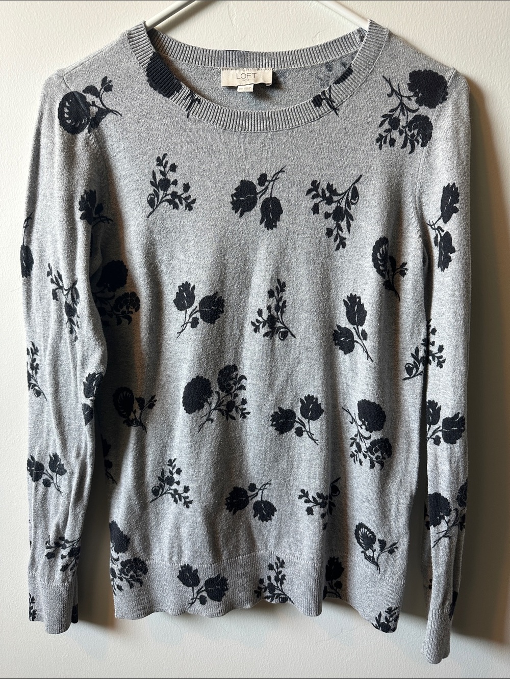 LOFT Gray Sweater with Black Floral Print